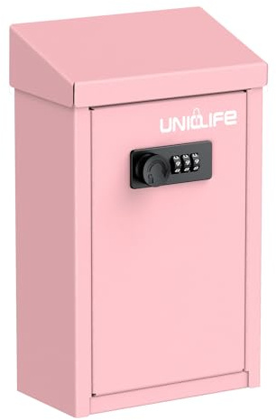 Uniclife Pink Key Drop Box for Outside, Metal Donation Box Collection Box with Combination Lock, Safe Suggestion Box, Wall Mounted Mailbox with Top Slot, Steel Cash Drop Box for Home Office
