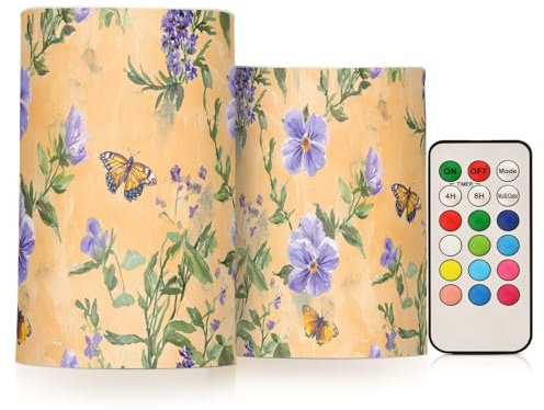 Flowers Lavender Pansy Butterflies Peach Flameless Flickering Candles Led Pillar Candles with Remote for Living Room 4 5 Set of 2