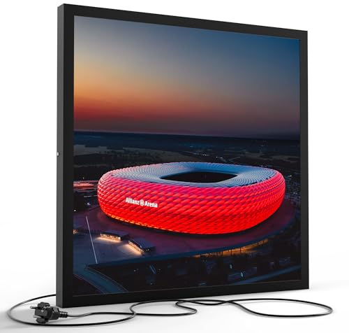 DEQORI LED-Wandbild Allianz Arena, München | Größe 60x60 cm | moderne Decken- & Wandleuchte mit hochwertigem Motivdruck auf PVC – stilvoll für Büro, Flur & Wohnräume – Farbe: Schwarz