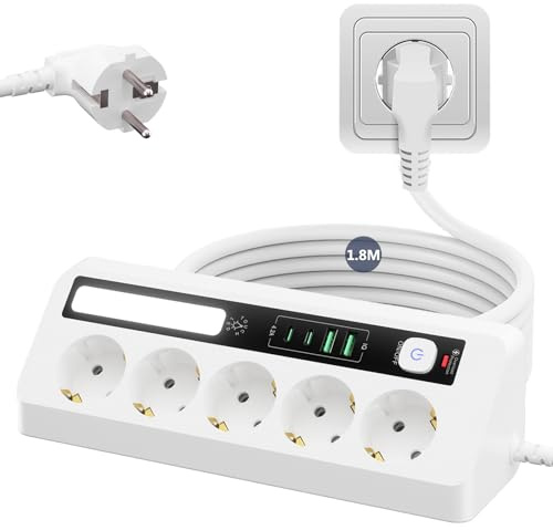 GOEDCH 5 Fach Steckdosenleiste mit LED: Mehrfachsteckdose mit Schalter, Steckdosenleiste Wandmontage mit USB und 2 Type-C, Überspannungsschutz für Schreibtisch und Arbeitsplatz mit 1.8M Kabel