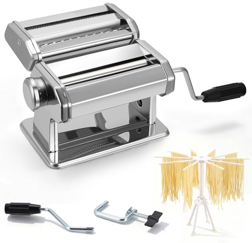 Nudelmaschine Manuelle Edelstahl Pastamaker mit 3 Schneidern Pastamaschine 9 Einstellbaren Stärkeeinstellungen Pastamaschine für Tagliolini Spaghetti Fettuccine Tagliatelle 2mm und 6 mm