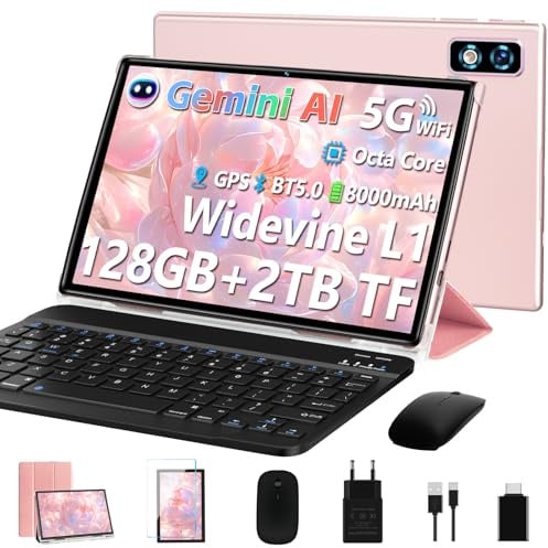 DEERTiME 2026 Gemini AI Tablet 10 Zoll Android Tablet,128GB ROM+2TB TF, Octa-Core, 2.0GHz,5G+2.4G WiFi, BT 5.0, 8000mAh, Widevine L1,8+5MP, AGPS, 3 in 1 Tablet PC Mit Tastatur und Maus-Roségold