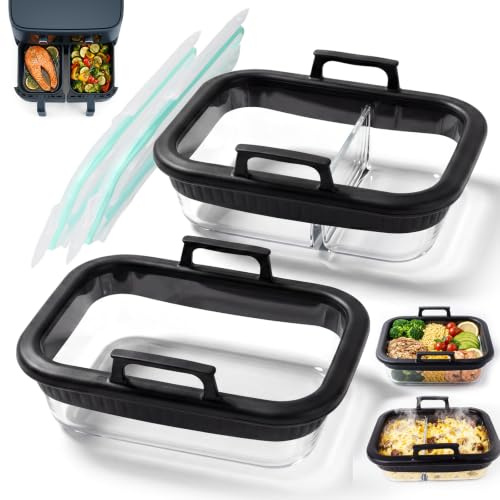 2er Set Plat à Gratin Airfryer Ninja,Plat Verre air Fryer AF400EU/AF500EU/SL400EU,Moule en Verre Sans BPA pour Friteuse à air Chaud,avec Anneau en Silicone Compatible Lave-Vaisselle