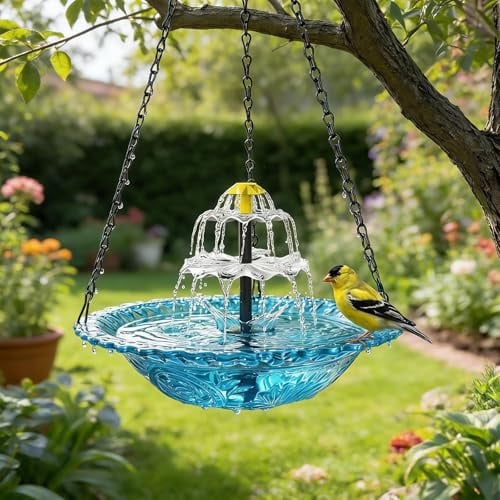 Vaschetta per Uccelli Appendibile con Fontana Solare a Cascata, Vaschetta per Uccelli con Pompa Solare Appendibile, Acqua Appendibile, Attrae Colibrì e Uccelli Selvatici, Decorazione da Giardino
