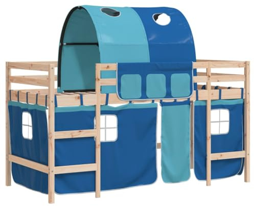 Qnhdfrt Kinderhochbett 90x190 cm aus massivem Kiefernholz – Spielbett mit Tunnel und Vorhang-Set in Blau – Hochbett für Kinder mit Leiter und Rausfallschutz