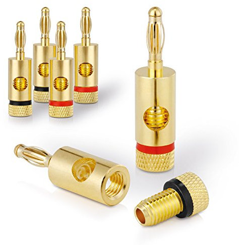 Sentivus SC000-04 Bananenstecker Premium (4er-Set) für alle Lautsprecherkabel mit einem Durchmesser von max. 6mm², 4 Stück mit Farbcodierung (2x rot, 2x schwarz), 24k vergoldet