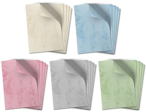 50 Blatt Briefpapier (A4) | Bunter Marmor Mix (5 Farben) | Motivpapier Set | edles Vintage Design Papier | beidseitig marmoriert bunt bedruckt | Bastelpapier | 90 g/m²