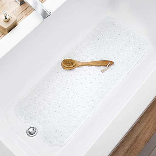 TEESHLY Bathtub Mats for Shower Tub Extra Long Non-Slip Bath Mat, Shower Mat with Drain Holes and Suction Cups, Bath Tub Mat for Bathroom with Machine Washable (White)