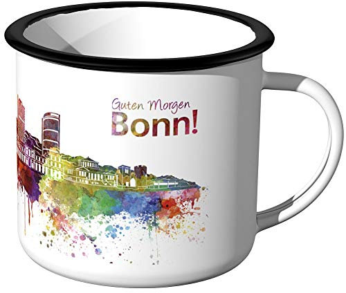 JUNIWORDS Emaille-Tasse, Guten Morgen Bonn, Skyline Aquarell, Silberner Tassenrand