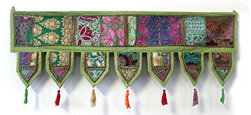 ICC valances for windows Toran Cotton Vintage Patchwork Door Hanging Valance Window Hand Embroidered Bohemian Decor Living Room Wall bedroom living room Home Handmade Decorations Green 42 Inches