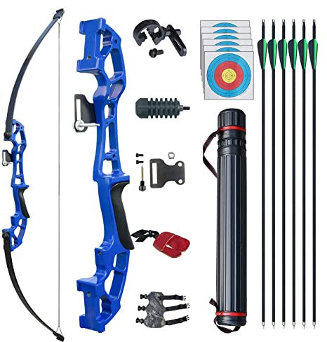 D&Q Pfeil und Bogen Set Bogenschießen für Erwachsene Recurve Bogen rechte Hand 50 Zoll 30 Pfund 40 Pfund mit 6 Stück Gemischter Carbonpfeil (Blau, 30LB)