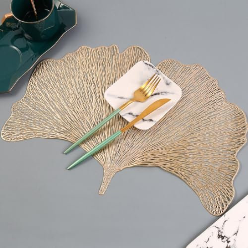 EBETA Set di 6 Tovagliette Foglia Scavate, Tovagliette Sottopiatto Tappetini da Tavola Resistenti al Calore per Tavolo da Cucina, Matrimoni, anniversari, Natalizie (Oro 44X30)