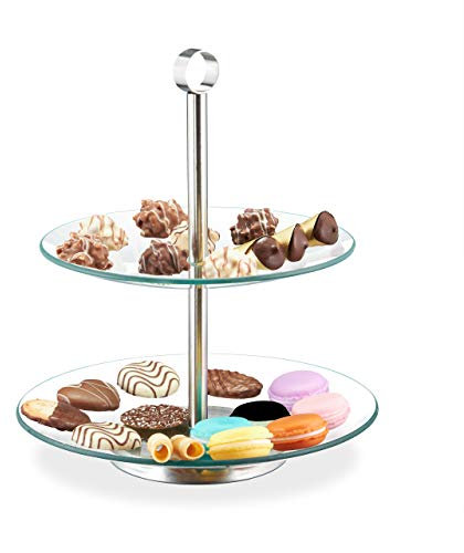 Relaxdays Soporte Tartas 2 Pisos, Bandejas Cupcakes, Plato Galletas, Frutero Vidrio, 28 x 24,5 cm, Transparente/Plateado