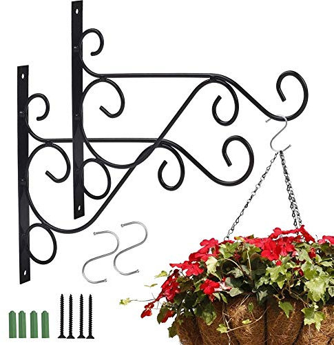 CYH 2 Stück Wandhaken Schwarz, Wandhalterung für Hängekörbe, Metall Haken Wand Wandhalterungen aus Schmiedeeisen, Wandhaken Blumenampel mit Schrauben für Vogelfutterspender, Laternen, Windspiele