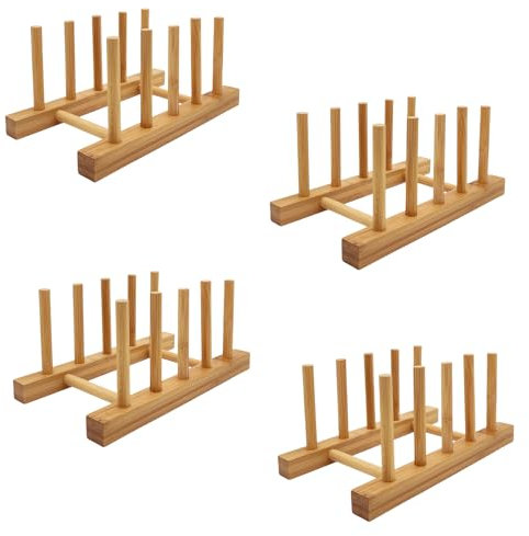 efbock Soporte para Platos para armarios de Cocina, Bandeja de Madera de bambú para Tabla de Cortar, escurridores, Organizador de gabinete de Cocina para Plato/Taza/Tapa de Olla (4, 4 Ranuras)