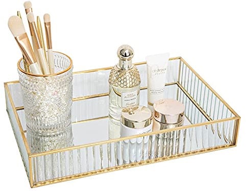 SLHEQING Vintage Spiegeltablett Gold, Dekoratives Tablett Glastablett Rechteckig Organizer Tray Kosmetik Schmuck als Schminktisch Aufbewahrung (30 x 20 x 5.5 cm)
