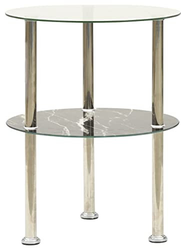 vidaXL Beistelltisch mit 2 Ablagen Rund Sofatisch Telefontisch Tisch Wohnzimmertisch Kaffeetisch Couchtisch Transparent Schwarz Marmor 38cm Hartglas