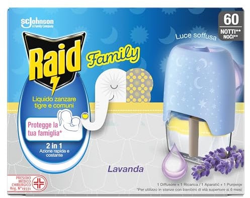 Raid Family Liquido Antizanzare Comuni e Tigre, Fragranza alla Lavanda, 1 Confezione da 1 Diffusore e 1 Ricarica da 36ml, 60 Notti