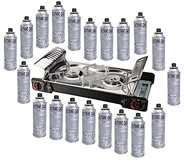 IMEX Edelstahl 2 Flammiger Outdoor Doppelgaskocher mit 20 Gaskartuschen