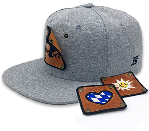 TS Snapback Cap grau, 6 Panel, Snapback mit Lederpatch, Bayrische Motive gestickt, Lederpatch wechselbar, Trachtenmotive 3er Set