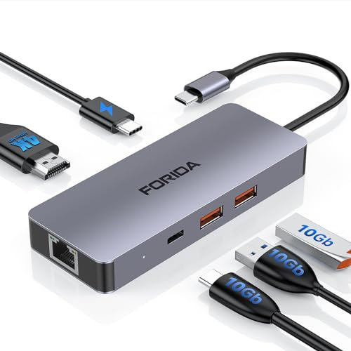 FORIDA USB C Ethernet Hub, 6-in-1 USB C Multiport Adapter with 4K@60HZ HDMI, 2 USB 3.2, 1 USB C 3.2, 100W USB C PD Charging, RJ45, Suit for MacBook/Dell/Lenovo,iPhone 15, iPhone 15 Pro Max
