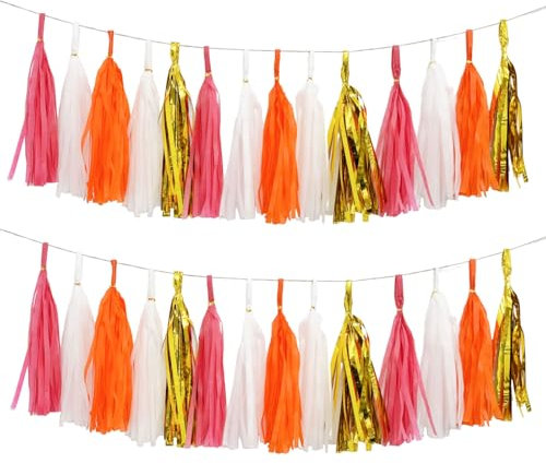 AimtoHome Lot de 20 guirlandes de pompons brillants en papier de soie pour l'été, flamant rose, mariage, fête d'anniversaire, fête prénatale, rose vif/orange/doré/blanc