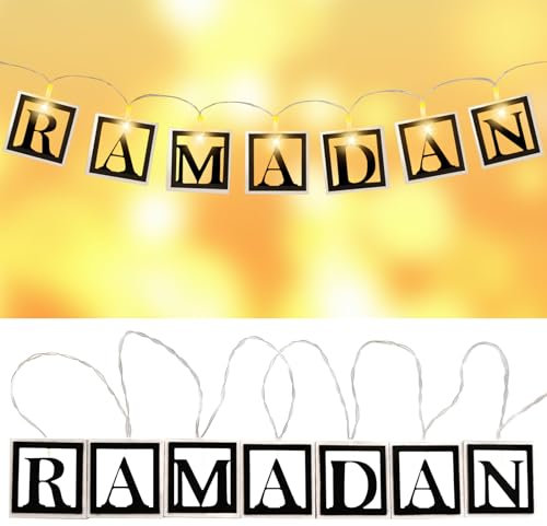 LED Muslim Ramadan Lichterkette, Muslimische Nachtlichter, Hölzerne Hohlbuchstaben Ramadan Licht, Ramadan Dekoration Lichter Batteriebetrieben, Ramadan Hängelampe für Festivals, Partys, Heimdekoration