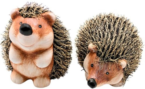 Dekohelden24 XL Dekofigur Igel, Keramik - Garten Igel, Dekoigel mit Fell im 2er Set in braun, Größe ca. 17 x 11 x 9 cm.