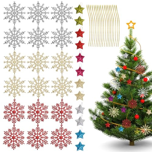 BSITSSS 18 Stück Schneeflocken Weihnachten Deko Glitzer Schneeflocken Deko Weihnachtsbaumschmuck Glitter Hängende Ornamente Schneeflocken Weihnachtsdeko Christbaumschmuck Anhänger, Gold, Silber, Rot