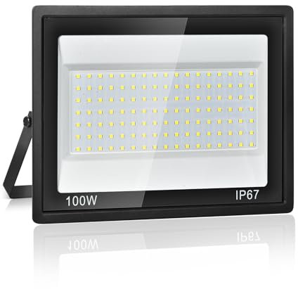 Plazique Projecteur LED Extérieur 100W,7000K Blanc Froid,10000LM Super Lumineux, IP67 Étanche, 119 LEDs, Spot Extérieur pour Jardin, Cour, Garage, Allée, Atelier, Couloir et Éclairage de Sécurité