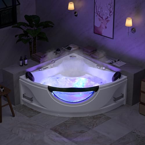 Empava 59 Corner Whirlpool Bathtub for 2-Person, Luxury Jetted Spa Tub with 10 Hydro Massage Jets, Built-in Heater, Chromatherapy LED Lights & Constant Heat System, ETL Certified Acrylic Tub