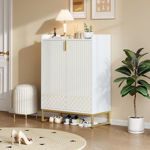 Merax Schuhschrank 4-stöckiger, Moderner Schuhregal Schuhkommode mit 2 Türen und Verstellbaren Regalen, Metallbeine, Anti-Kipp-Vorrichtung, Holzregal Organizer für Flur, Eingangsbereich, Weiß & Gold