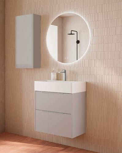 Mueble Baño Suspendido a Pared Fondo Reducido | 2 Cajones con Lavabo Cerámico | Moka Mate Tirador Cromo | 60cm