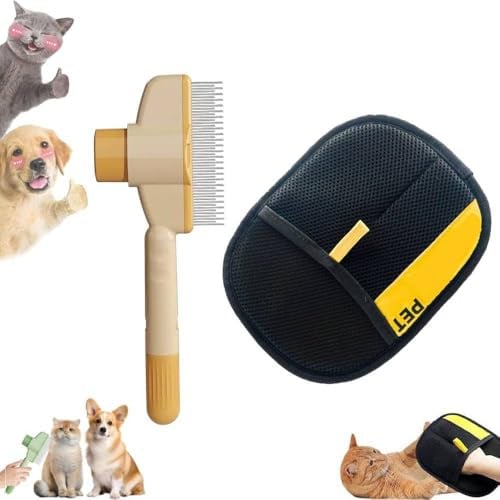 Haustierpflegeset – Flohkamm und elektrostatischer Handschuh, selbstreinigende Hunde- und Katzenbürste, wiederverwendbarer Enthaarungshandschuh + grüner Kamm for Katzen und Hunde (2-in-1)(Glove+Yellow