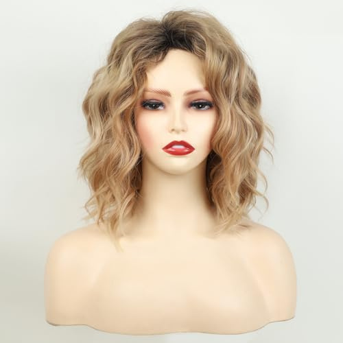 Damen Blond Ombre Kurze Wellig Blonde Perrücke mit Fransen, Kurze Synthetische Gewellte Perücken, Mädchen Natürliche Mittelteil Haar Perücke Party, Kostüm Ohne Lace Front Wig (22486,1pcs)