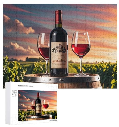 Wooden Wine Barrel on Wine Bottle Jigsaw Puzzle 500 PCS Challenging Fun Puzzles Wooden Jigsaw Puzzles for Adults Families