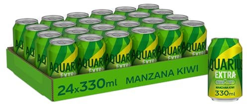 Aquarius Extra Manzana Kiwi, Bebida Baja en Calorías con Vitaminas B3 B5 B6, Minerales y Ginseng, Refresco Hidratante- Pack 24 Latas 330 ml