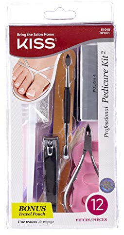 KISS 15-PieceOn-The-Go Pedicure Kit, Includes Toenail Clipper, Cuticle Nipper, Brush & Stone, Cuticle Pusher, Smoothing File, 2 Toe Separators, Large File, Buffer, Manicure Sticks, Travel Pouch