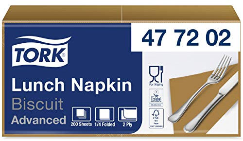 Tork 477202 Lunchservietten Biscuit / 2-lagige Servietten für kleine Gerichte & Snacks / 10 x 200 (2000) Papierservietten / Advanced Qualität / 32,6 x 33 cm (B x L) / 1/4-Falz