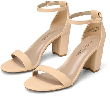 DREAM PAIRS Women's Chunk Low Heel Pump Sandals,Size 9,Nude/Nubuck,Chunk