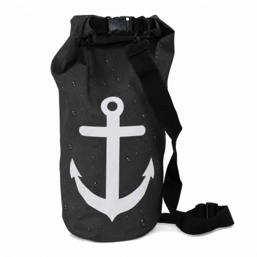 Sonia Originelli Seesack 20 L Schwarz wasserdichter Dry Bag - Anker Print | Rolltop-Verschluss und verstellbarem Schultergurt für SUP, Kajak und Strand