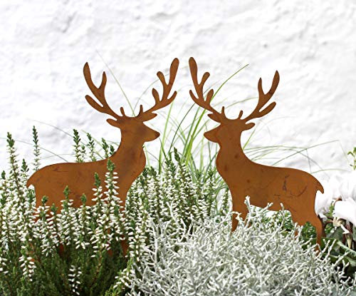 LB H&F Lilienburg 2er Set Hirsch Weihnachtsdeko Gartenfigur Roststecker Weihnachten Rost Metall wetterfest (Hirsch Set - Gr)