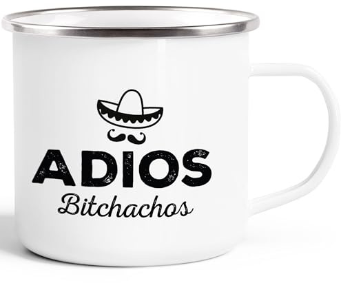 MoonWorks® Emaille-Tasse Becher mit Spruch Adios Bitchachos Sonbrero Motiv lustig Parodie Weiss-metall Emailletasse