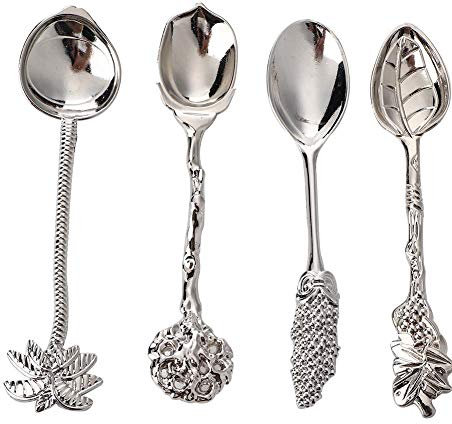 Lot de 4 mini cuillères à dessert sculptées de style royal vintage pour cuisine, salle à manger, bar argenté