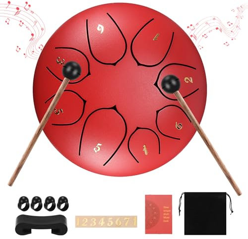SUNJULY Tongue Drum Stahl 8 Tune Pan Drum Tank mit Drumsticks Tragetasche Percussion Instruments Tonic Sticker und Reisetasche (15,2 cm) Rot