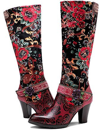 CrazycatZ Womens Leather Bohemian Knee High Boots Splicing Floral Block Heel Patterned Long Boots (Red, 5)