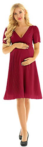 Zaldita Eté Vêtement Femme Enceinte Robe Manche Courte Robe de Fête Anniversaire Soirée Femme Grossesse Robe en Dentelle Grande Taille Wine Red 34
