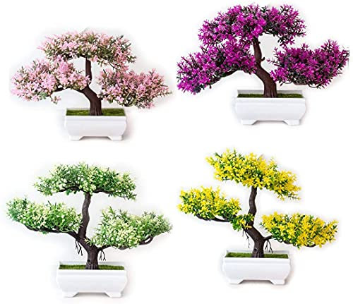 Artificial Bonsai Tree,4 Pieces Fake Plant in Pot Artificial Flowers Simulation Decorative Bonsai Potted Plant for Home Balcony Office Desk Table Decor