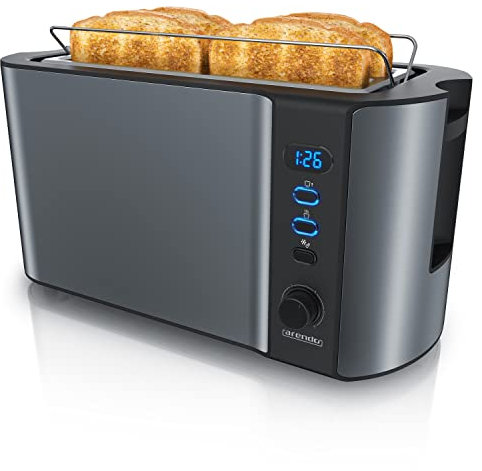 Arendo - Grille pain 2 larges fentes 4 tranches écran digital - Grille-pain automatique 3en1-1500W - 6 niveaux réglables décongélation réchauffe viennoiseries plateau à miettes -Toaster Cool Grey