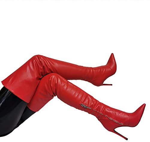 BeAUZQ Stivali Alti alla Coscia con Punta a Punta da Donna Zip Laterale Stivali a Spillo con Tacco Alto Stivali sopra Il Ginocchio Sexy Stripper Club Party Scarpe Stivali Invernali,Rosso,43